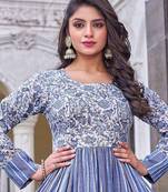Women grey floral printed pleated anarkali maxi gown
