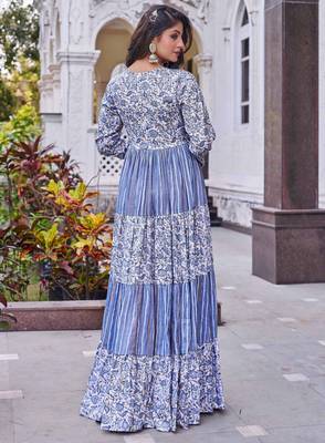 Women grey floral printed pleated anarkali maxi gown 2
