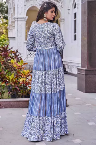 Women grey floral printed pleated anarkali maxi gown