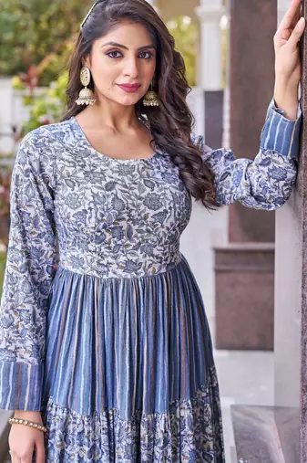 Women grey floral printed pleated anarkali maxi gown