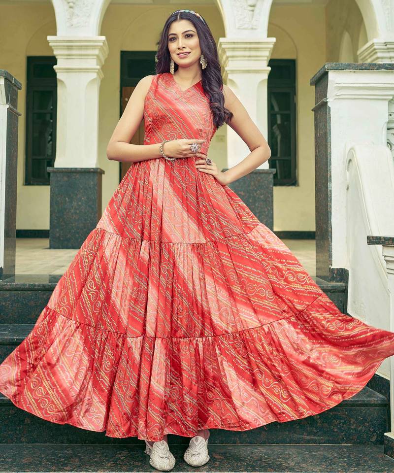 Women rust bandhani printed pleated anarkali gown