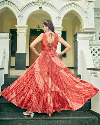 Women rust bandhani printed pleated anarkali gown 2