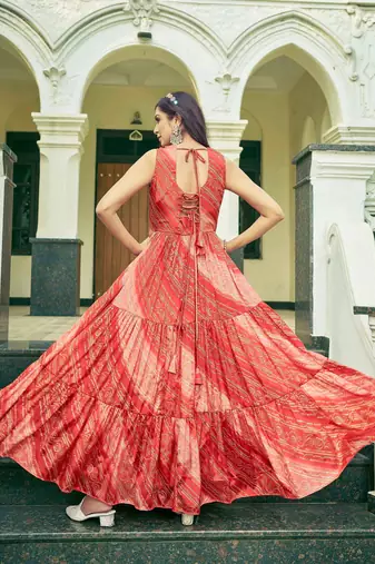 Women rust bandhani printed pleated anarkali gown