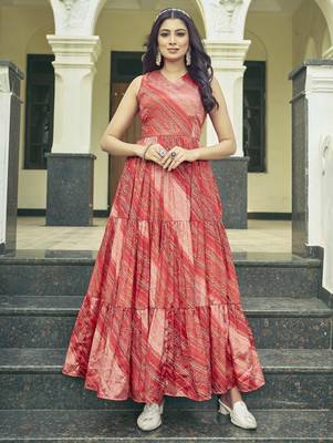 Women rust bandhani printed pleated anarkali gown 5