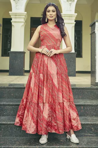 Women rust bandhani printed pleated anarkali gown