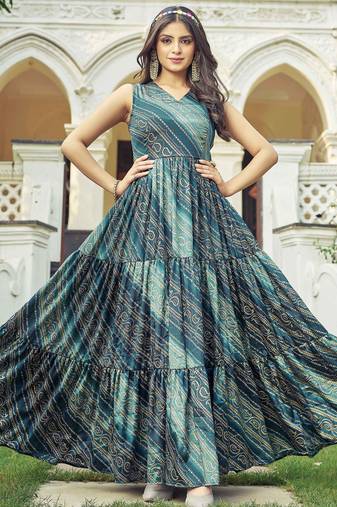Women green bandhani printed pleated anarkali gown