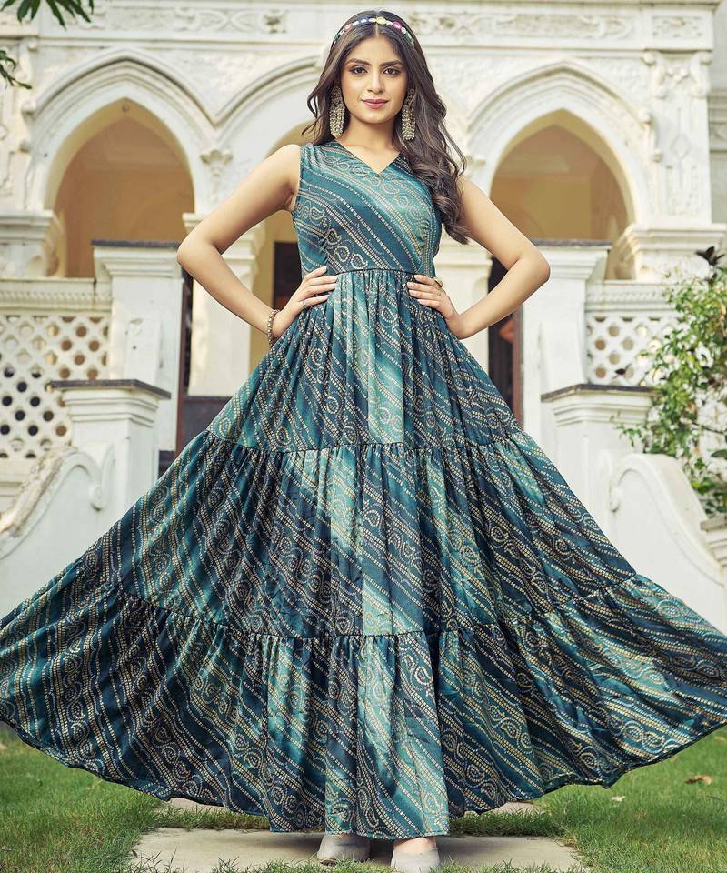 Women green bandhani printed pleated anarkali gown