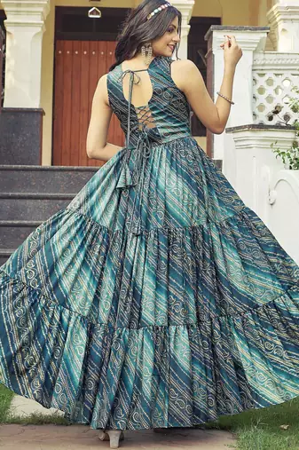 Women green bandhani printed pleated anarkali gown