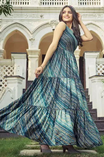 Women green bandhani printed pleated anarkali gown