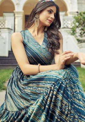 Women green bandhani printed pleated anarkali gown 4