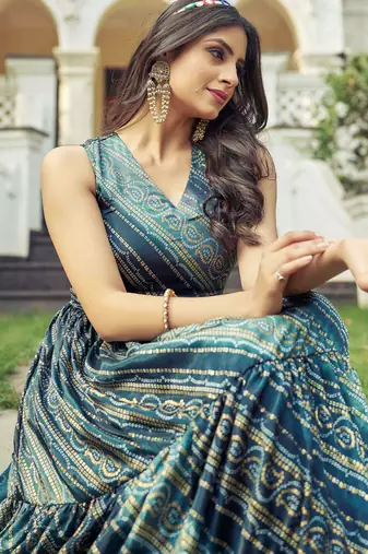 Women green bandhani printed pleated anarkali gown
