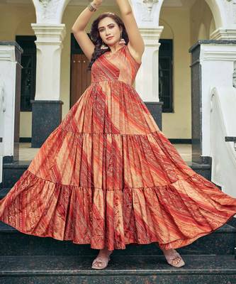 Women red bandhani printed pleated anarkali gown 1