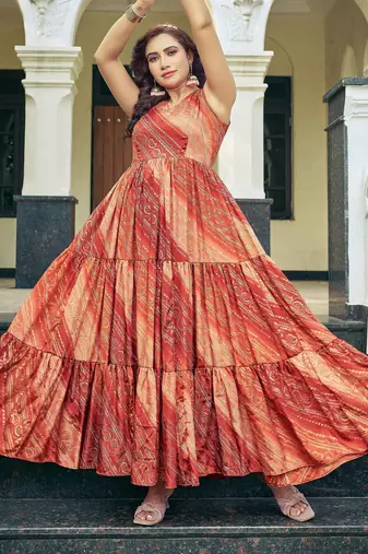 Women red bandhani printed pleated anarkali gown