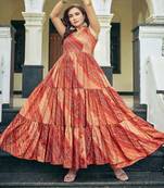 Women red bandhani printed pleated anarkali gown