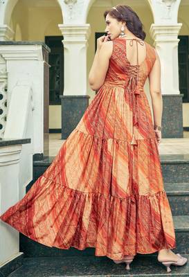 Women red bandhani printed pleated anarkali gown 2