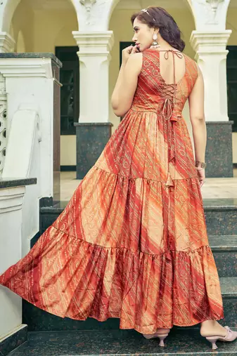 Women red bandhani printed pleated anarkali gown