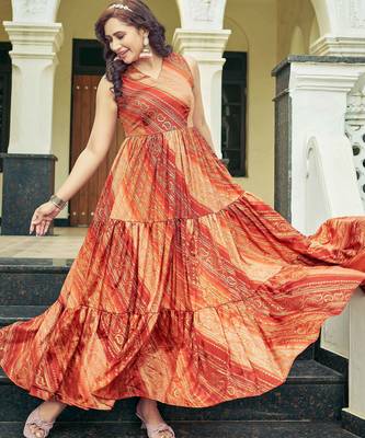 Women red bandhani printed pleated anarkali gown 3