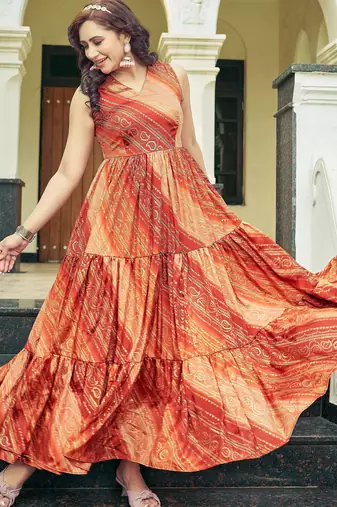 Women red bandhani printed pleated anarkali gown