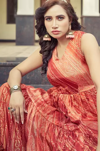 Women red bandhani printed pleated anarkali gown
