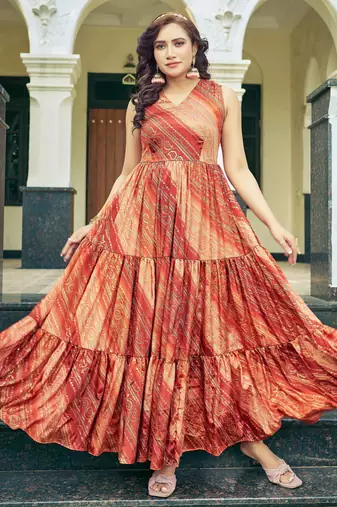 Women red bandhani printed pleated anarkali gown