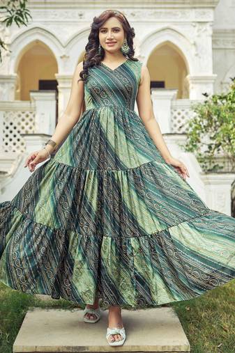 Women green bandhani printed pleated anarkali gown
