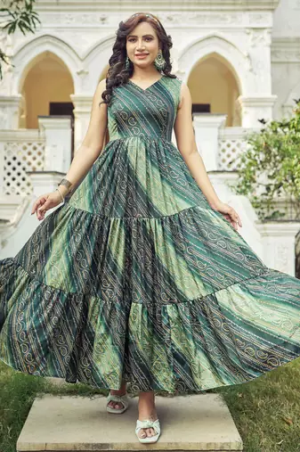 Women green bandhani printed pleated anarkali gown