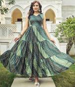 Women green bandhani printed pleated anarkali gown