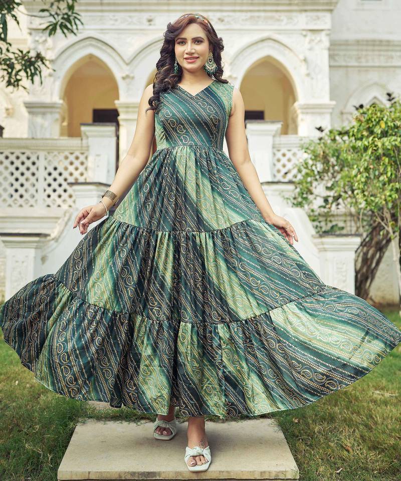 Women green bandhani printed pleated anarkali gown