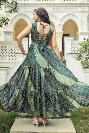 Women green bandhani printed pleated anarkali gown