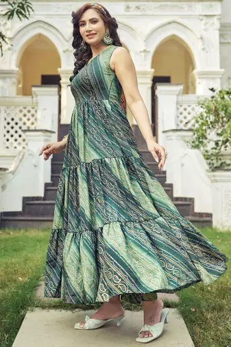Women green bandhani printed pleated anarkali gown