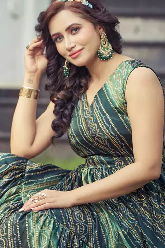 Women green bandhani printed pleated anarkali gown