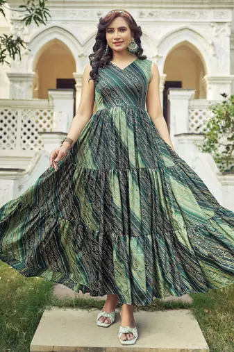 Women green bandhani printed pleated anarkali gown