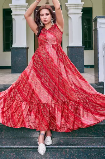 Women red bandhani printed pleated anarkali gown