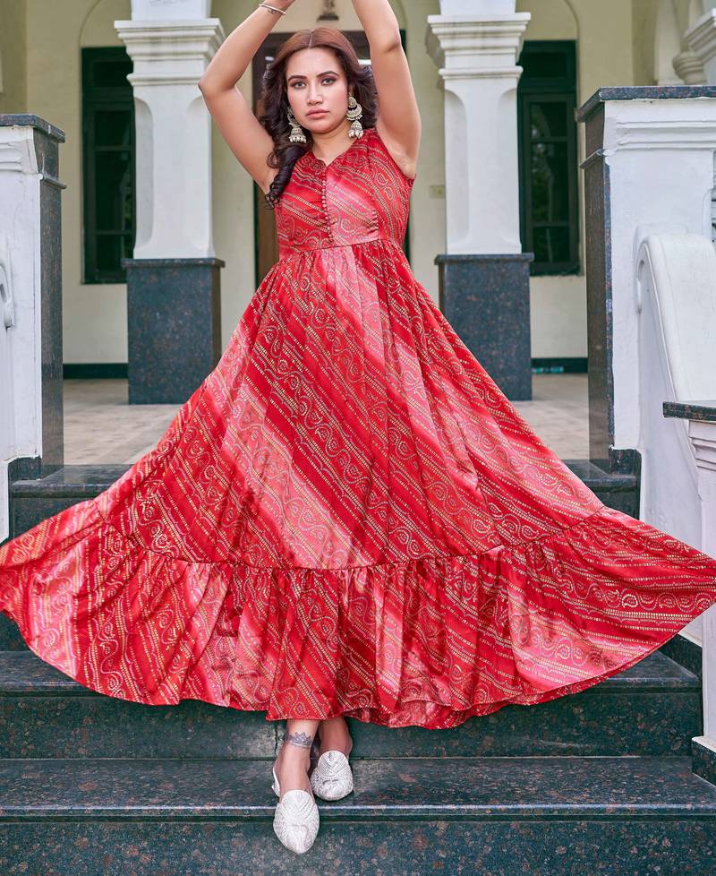 Women red bandhani printed pleated anarkali gown