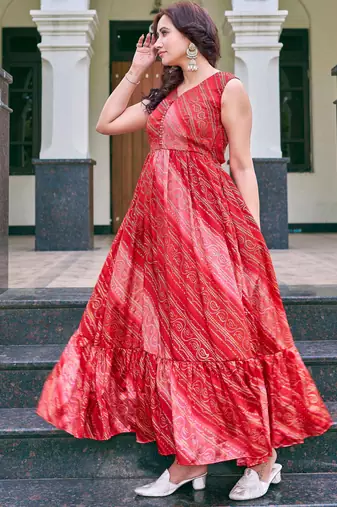 Women red bandhani printed pleated anarkali gown