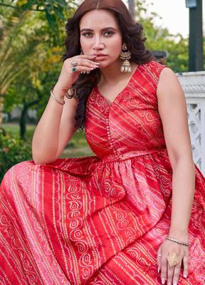 Women red bandhani printed pleated anarkali gown 3
