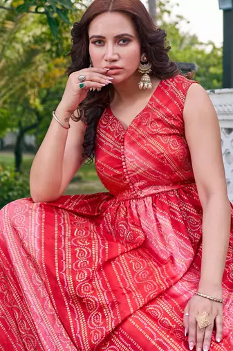 Women red bandhani printed pleated anarkali gown