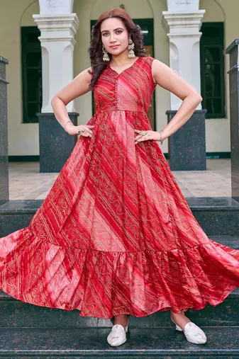 Women red bandhani printed pleated anarkali gown