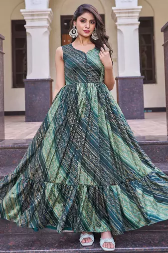 Women green bandhani printed pleated anarkali gown