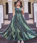 Women green bandhani printed pleated anarkali gown
