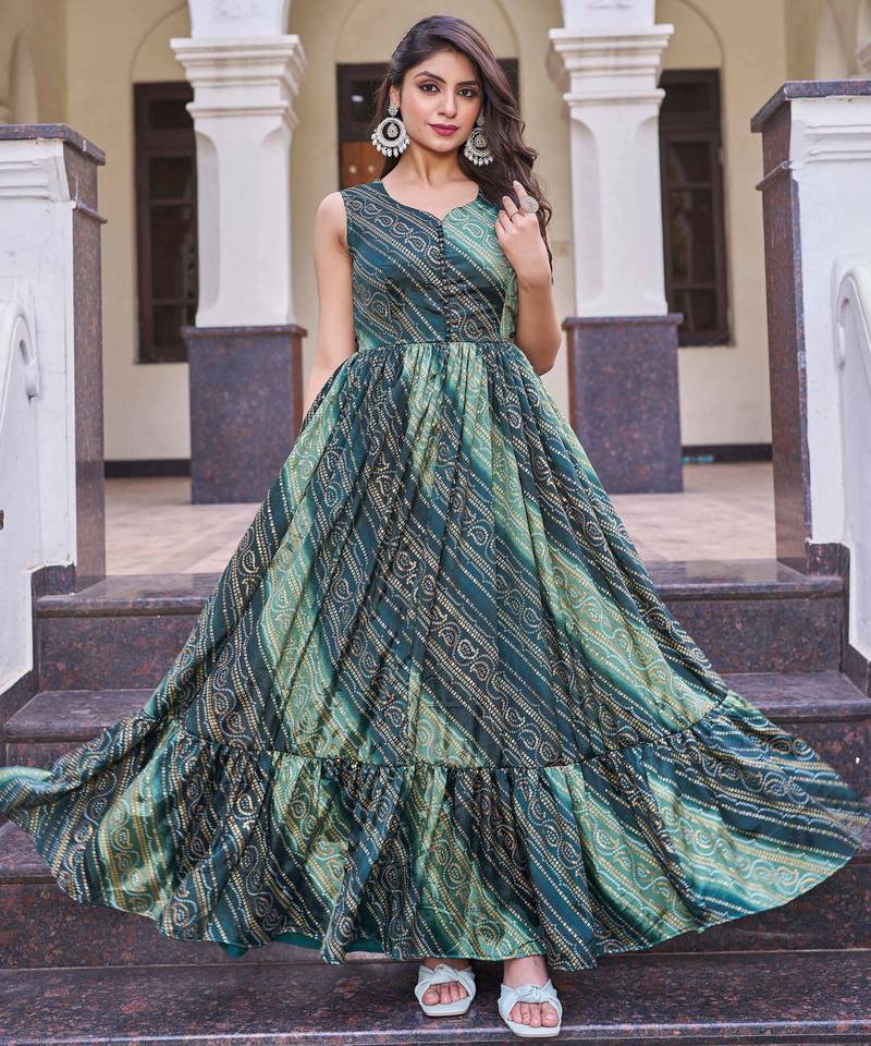 Women green bandhani printed pleated anarkali gown