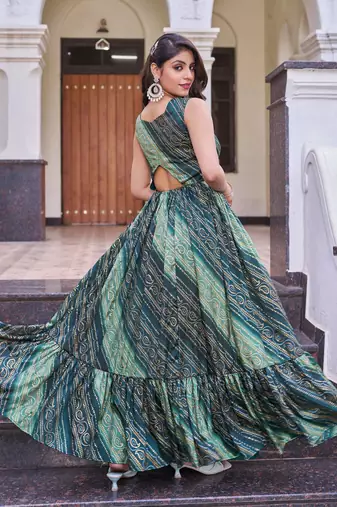 Women green bandhani printed pleated anarkali gown