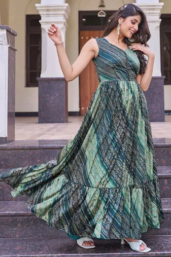 Women green bandhani printed pleated anarkali gown