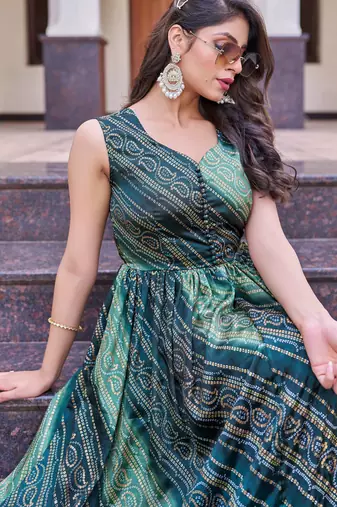 Women green bandhani printed pleated anarkali gown