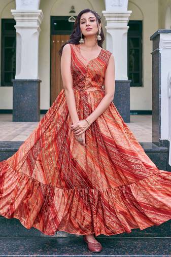 Women rust bandhani printed pleated anarkali gown