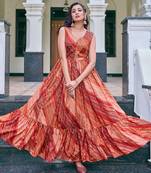 Women rust bandhani printed pleated anarkali gown