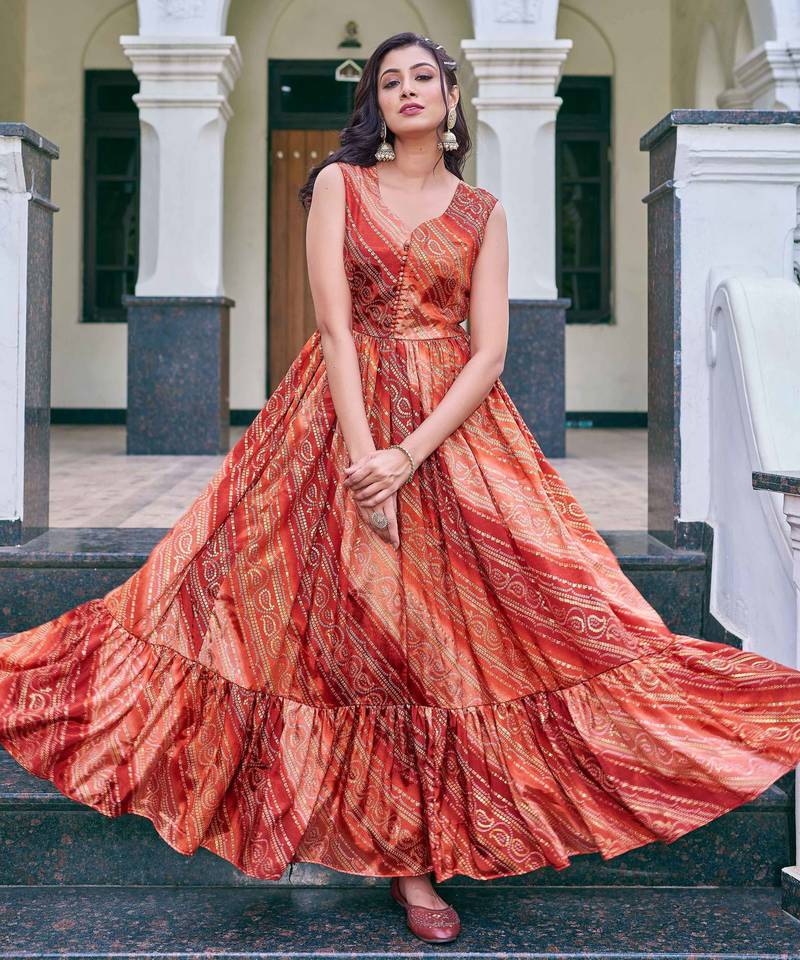 Women rust bandhani printed pleated anarkali gown