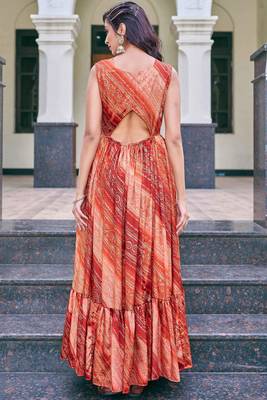 Women rust bandhani printed pleated anarkali gown 2