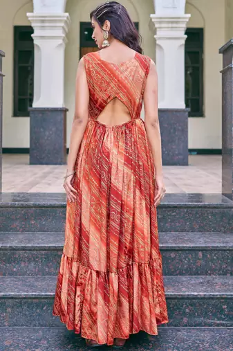 Women rust bandhani printed pleated anarkali gown