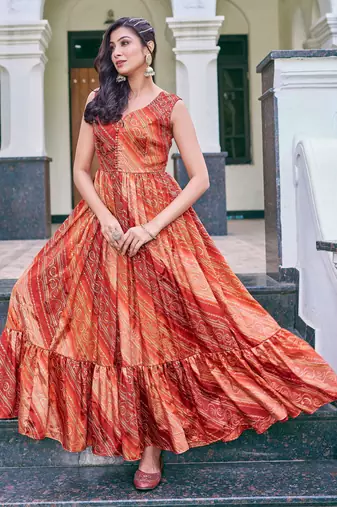 Women rust bandhani printed pleated anarkali gown